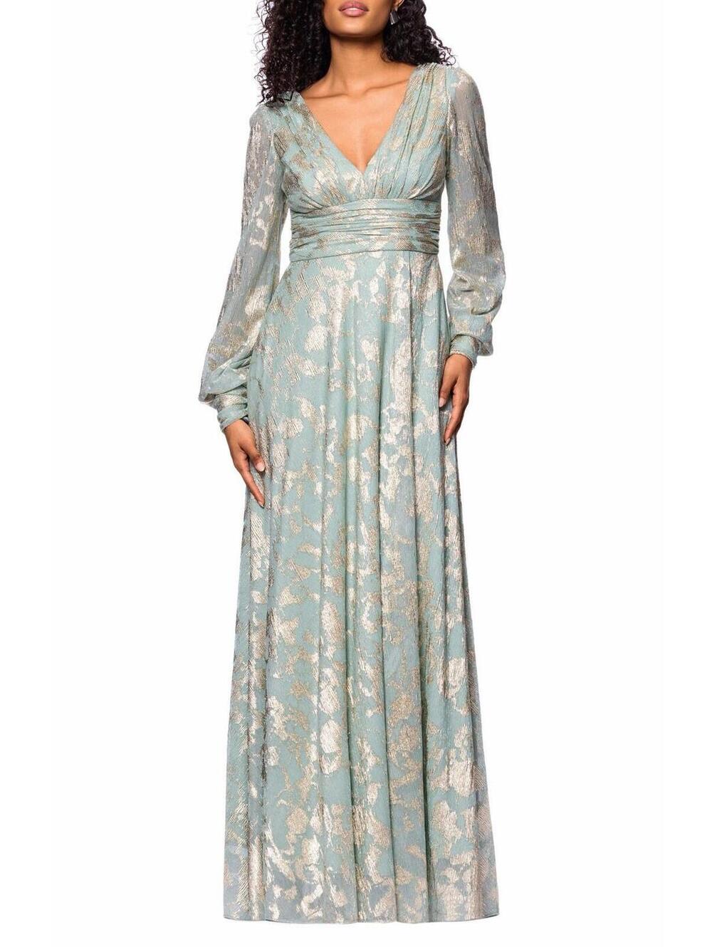 New Betsy & Adam Foil Pattern Long Sleeve Gown In Sage/ Gold Sz 8 $319